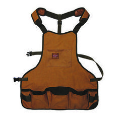 an orange apron with black straps and two pockets on the front, attached to a white background