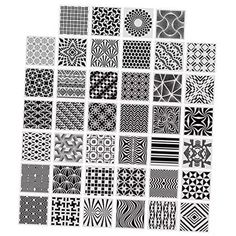 black and white patterns are arranged in different sizes, shapes, and colors on a white background