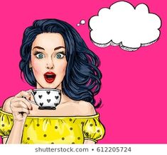 a woman holding a coffee cup with her mouth open and thought bubble above her head