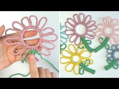 two pictures show how to make crochet flowers