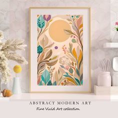 an abstract modern art print with flowers and plants on the wall in front of it