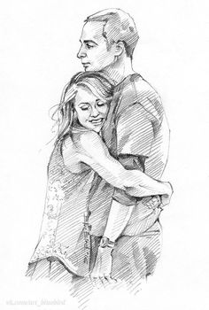 a drawing of a man and woman hugging each other with their arms around one another