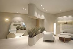 a living room filled with furniture and a mirror on the wall next to a planter