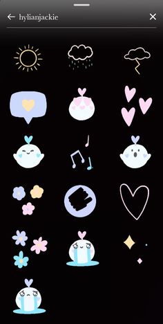 some stickers on the back of a cell phone, with hearts and other symbols