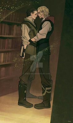 two people standing next to each other in front of a bookshelf