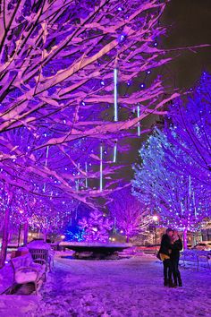 two people are standing in the snow near trees with purple lights on them at night