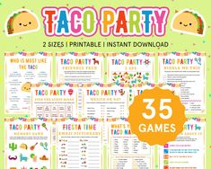 taco party printable instant game with the numbers 35 games on it and an image of