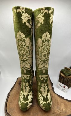 This is genuine leather made to order very chic green boots.  İnterior lining is natural leather. Outside lining is special tapestry.  There is heel approx. 4 inches. Custom made. İf you need wider calf please send us your calf circle measure from widest part.  Knee high boots. ( For same boots longer or shorter please messages me ) We have door to door express shipping.  For wholesale and other questions please contact with us.  bemyboots.etsy.com Thank You Funky Heels Unique, Unique Cowboy Boots, Green Knee High Boots, Fairy Boots, Crazy High Heels, Colorful Boots, Green Tapestry, Unique Boots, Boots Knee High