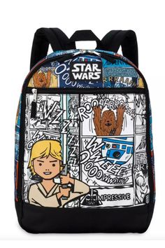 This comic strip Star Wars backpack is a favorite for little kids in preschool or kindergarten Star Wars Comic Art, Comic Strip Art, Totoro Backpack, Preschool Backpacks, Disney Stores, Spiderman Backpack, Strip Art, Star Wars Backpack, Disney Store Toys