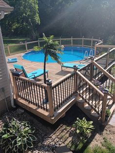 an above ground swimming pool with decking and palm tree in the foreground, surrounded by landscaping