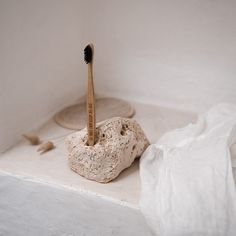 a toothbrush sitting on top of a rock