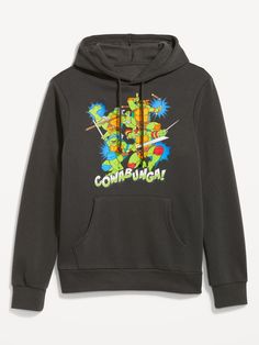 a black hoodie with the teenage turtles on it