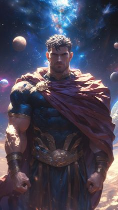 an image of a man with a cape on standing in front of some planets and stars