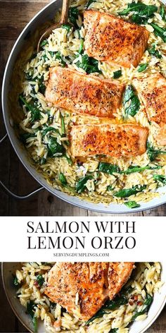 salmon with lemon orzo and spinach in a skillet