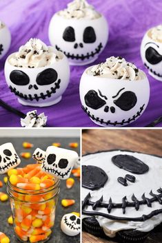 halloween cupcakes decorated with white frosting and black icing, sprinkled with candy