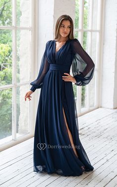 A-Line V-neck Long Ilusion Sleeve Empire Floor Length Chiffon Dress with Split Front - Dorris Wedding Maxi Dress Dark, Mob Dresses, Affordable Wedding Dresses, Chiffon Evening Dresses, Chiffon Long Sleeve, Chiffon Maxi, Chiffon Maxi Dress, Groom Dress, Bride Dresses