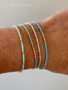 4 Bright summer colored gold filled beaded stack bracelets - Etsy Portugal Gelang Manik-manik, Pulseras Diy, Stacking Bracelets, Gelang Manik, Diy Bracelet Designs, Vintage Beads Necklace, Beads Bracelet Design, Ball Bracelet, Summer Bracelets