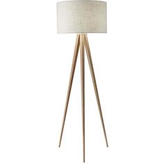 a wooden tripod floor lamp with a white shade