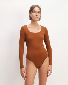 The Long-Sleeve Supima® Square-Neck Bodysuit Honey – Everlane Square Neck Bodysuit, Tailored Blazer, A Hug, Supima Cotton, High Waisted Denim, Base Layer