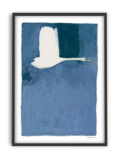 a white swan flying over the ocean in blue and green watercolors on paper