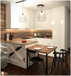 an image of a kitchen setting with table, chairs and wine rack in the center