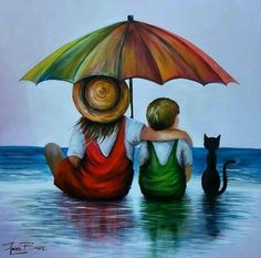 two people sitting under an umbrella in the water with a black cat looking at them