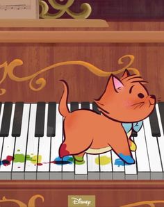 a cartoon cat is playing the piano