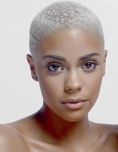 Opinions of this cut and color? Platinum Blonde Buzzcut Black Women, Color Buzzcut, Short Bleached Hair, Tapered Natural Hair, Natural Hair Cuts, Pride Makeup, Bald Hair