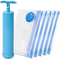 a blue water bottle next to several clear bags and a soap dispenser