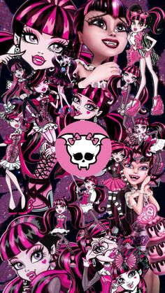 a group of cartoon girls with pink hair and skulls on their faces, all dressed up in