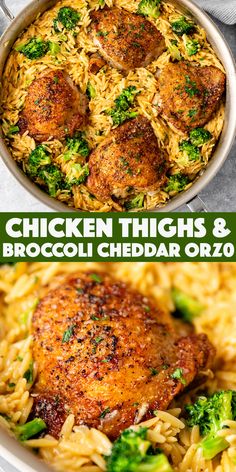 chicken thighs and broccoli cheddar orzo in a skillet with text overlay