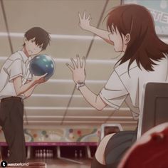 two anime characters holding bowling balls in their hands and looking at each other's eyes
