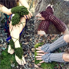 four photos of hands with crocheted gloves on them