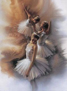 three ballerinas in white tutu skirts are posing for an artistic painting on the wall