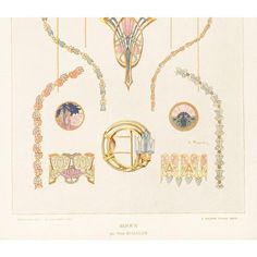 an antique illustration of decorative items from the early 20th century, including rings and bracelets