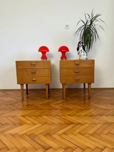 two wooden dressers sitting on top of a hard wood floor next to a potted plant