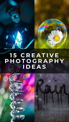 the words creative photography are written in black and white, with colorful lights behind them