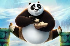 the panda movie poster is hanging up in front of many other pandas eating food