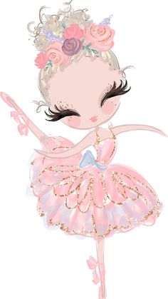 a drawing of a ballerina girl in pink and gold dress with flowers on her head