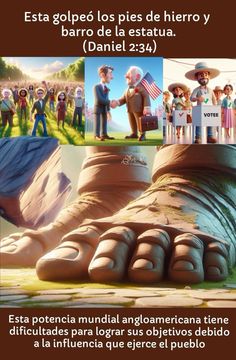 a poster with pictures of people standing in front of a giant foot