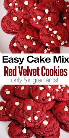 red velvet cookies with white chocolate chips on top and in the middle text reads easy cake mix recipe soft, chewy, delicious
