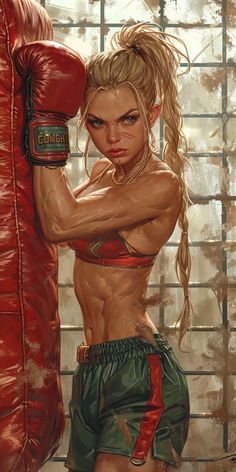 a painting of a woman wearing boxing gear and holding a punching glove in her right hand