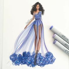 a drawing of a woman in a blue dress with flowers on it and three markers next to it