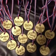 some medals are hanging on the back of a leather jacket with red, white and blue ribbons