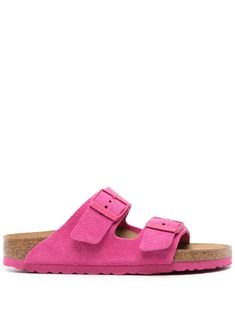 fuchsia pink calf suede debossed logo to the side tonal logo-engraved buckles slip-on style open toe two buckle-strap fastenings branded moulded footbed flat rubber sole Hot Pink Birkenstocks, Pink Birkenstocks Outfits, Birkenstocks Outfits, Pink Birkenstocks, Birkenstock Arizona Suede, Birkenstock Pink, Debossed Logo, Suede Slides, Summer Mood