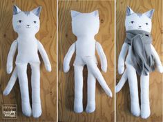 three pictures of the same cat made out of white fabric and one is wearing a gray scarf