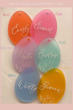 four different colored balloons with names on them and the words holly, edward, cecil, william