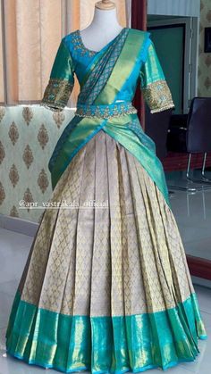 Half Saree Designs Simple, Pattu Lehenga Half Saree, Silk Half Saree, Long Blouse Designs, Lehenga Style Saree, Blouse Designs High Neck, Half Saree Lehenga, Long Gown Design