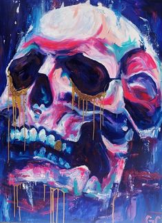 a painting of a skull with dripping paint