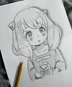 a pencil drawing of a girl with long hair and big eyes holding a teddy bear